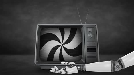 Animation-of-black-and-white-stripes-over-retro-tv-and-robot's-arm