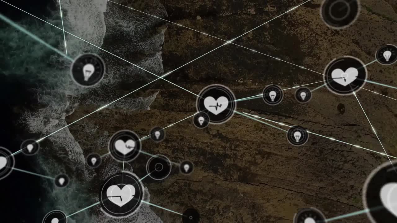 animación de la red de conexiones con iconos sobre la vista del mar