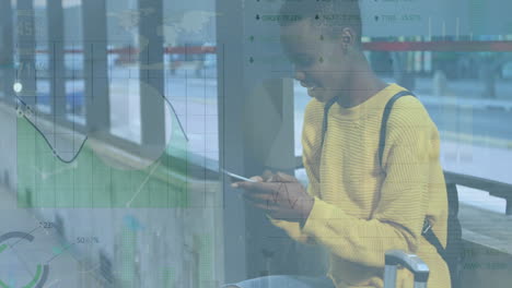 animation of graphs, trading boards, infographic interface, african american woman using cellphone