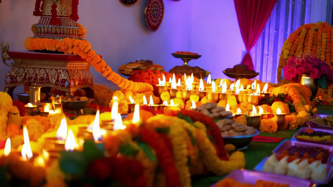 decoraciones de festivales indias con velas y flores
