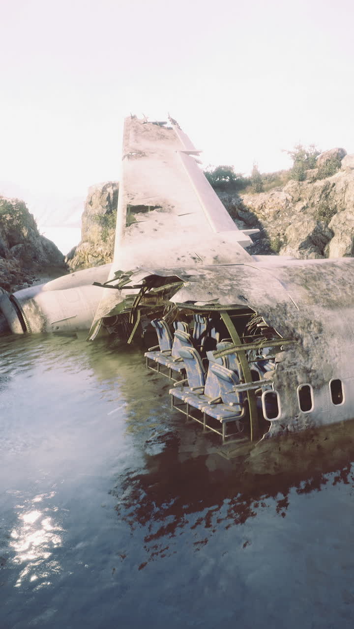 Abandoned airplane wreckages submerged in calm water surrounded by rocks