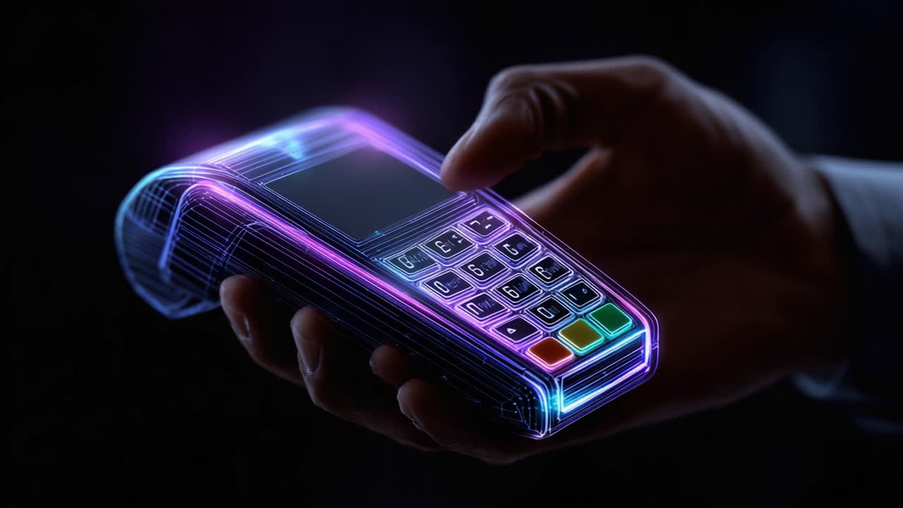 Una mano sosteniendo un dispositivo de pago futurista que muestra funciones de pantalla táctil y una pantalla digitalmente mejorada para transacciones modernas y pagos sin efectivo.