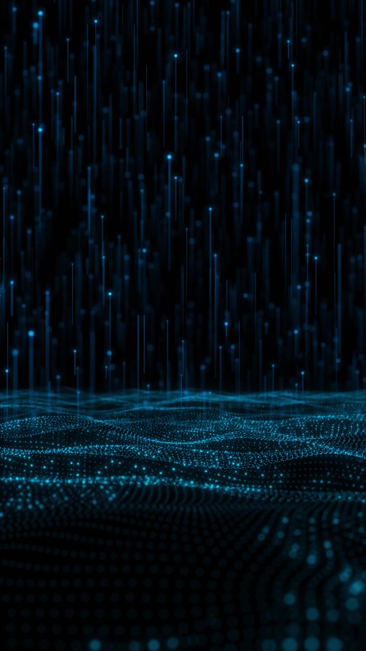 Blue digital data rain background glowing vertical lines particle wave surface deep dark depth ai