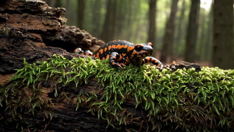 fire salamander on a log in a forest