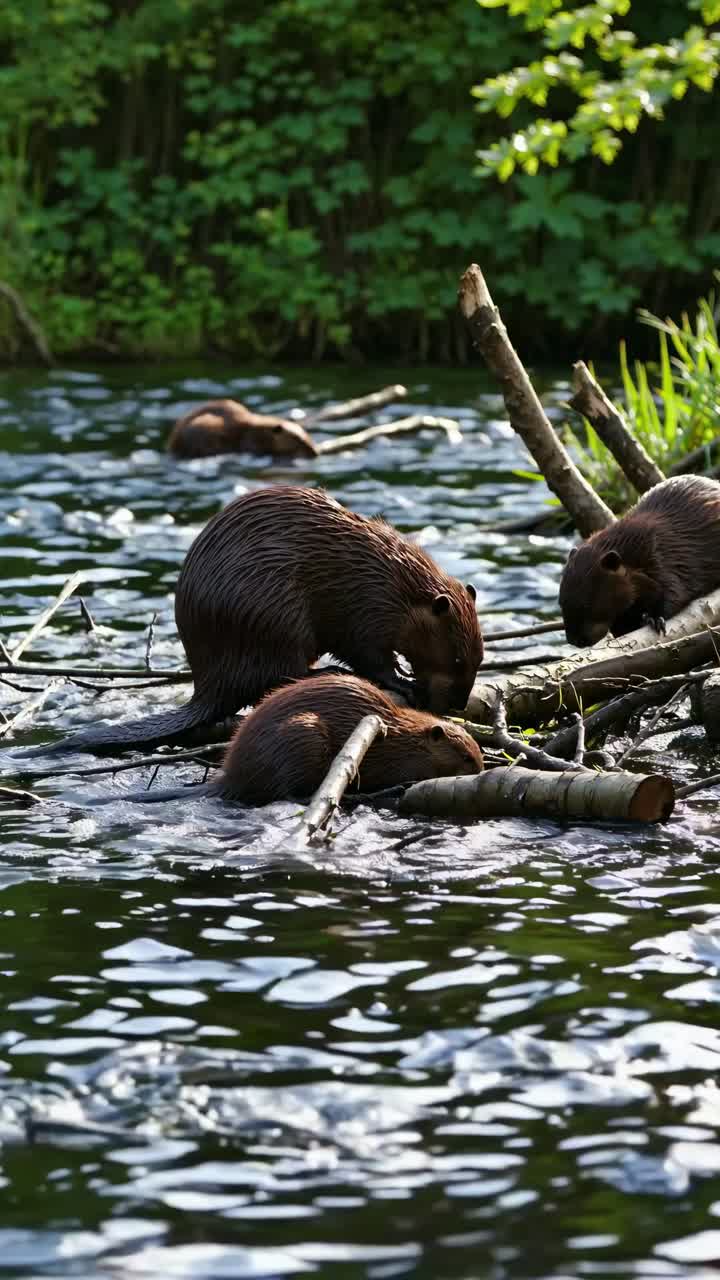 Low-angle video shot of beavers building a dam in a serene forest stream, capturing their natural