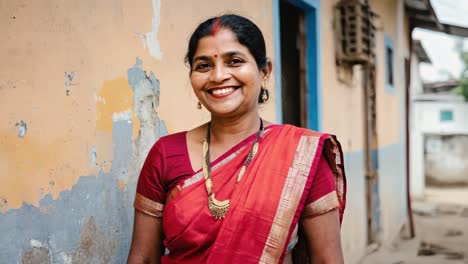 portrait of a smiling indian woman wearing a traditional red sari and gold jewelry, standing next to a weathered wall in a rural village, representing indian culture and tradition
