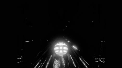 black and white sphere moving into an infinite dark space tunnel giving psychedelic immersive effect