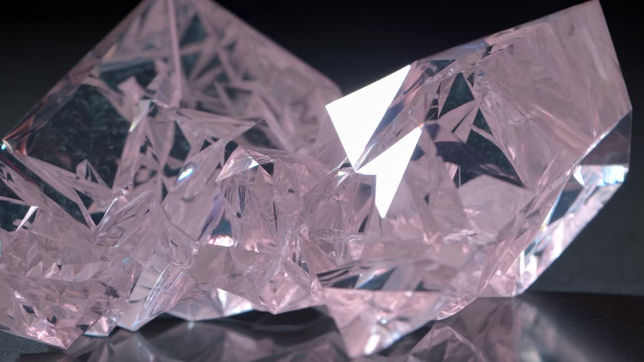 Video ravvicinato di cristalli sfaccettati che riflettono la luce, ripreso da un'angolazione bassa.