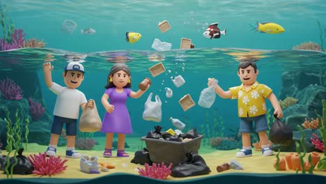 underwater cleanup efforts: animated characters collaborate to remove plastic waste and debris from the ocean, promoting environmental awareness and protection