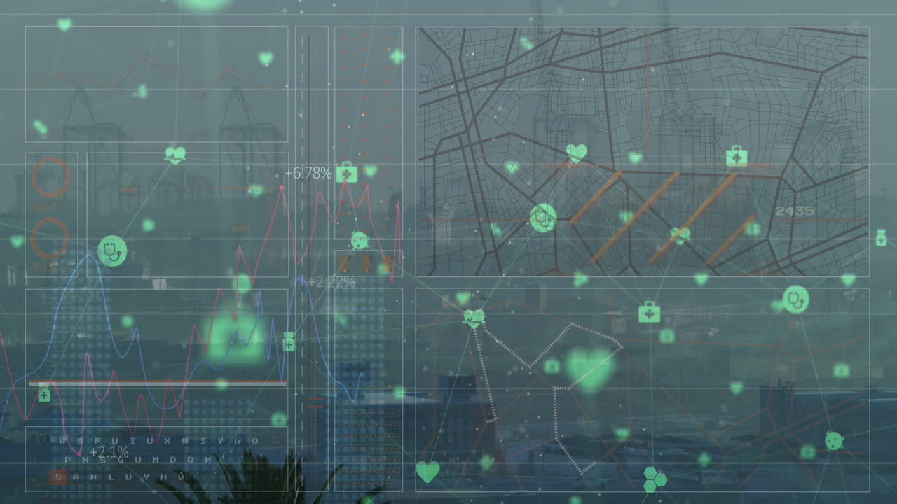 Animation of network of digital icons and interface with data processing against cityscape