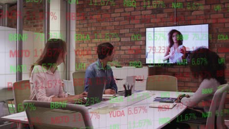 Animation-of-trading-board-over-multiracial-coworkers-discussing-with-female-manager-over-videocall