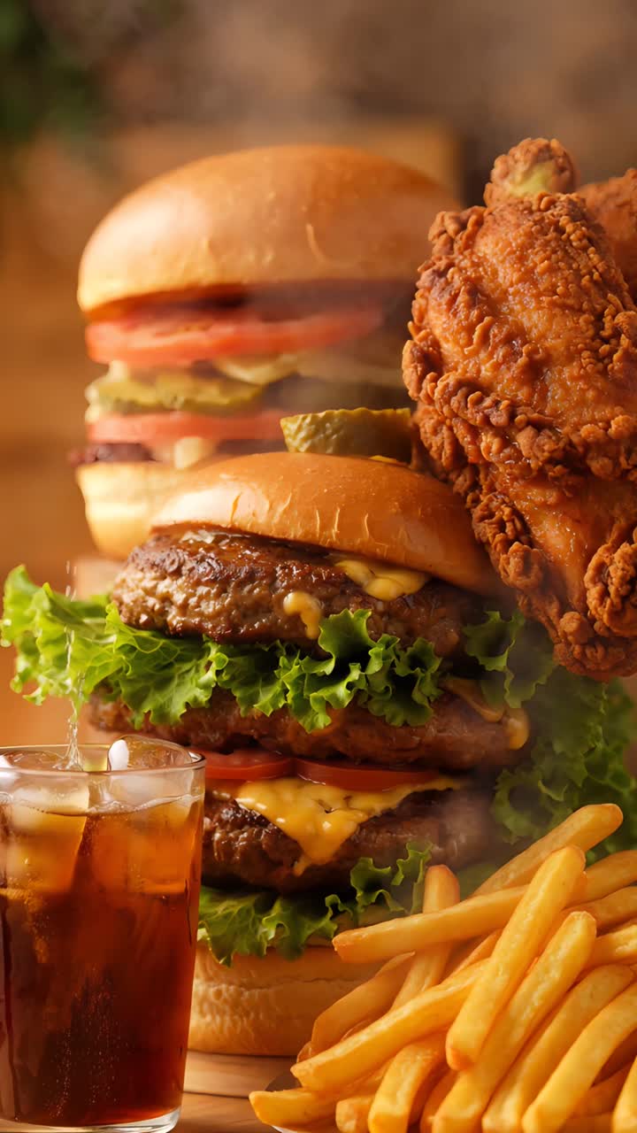 Burger 4K Fast Food with Crispy Fried Chicken and French Fries Cinematic Background