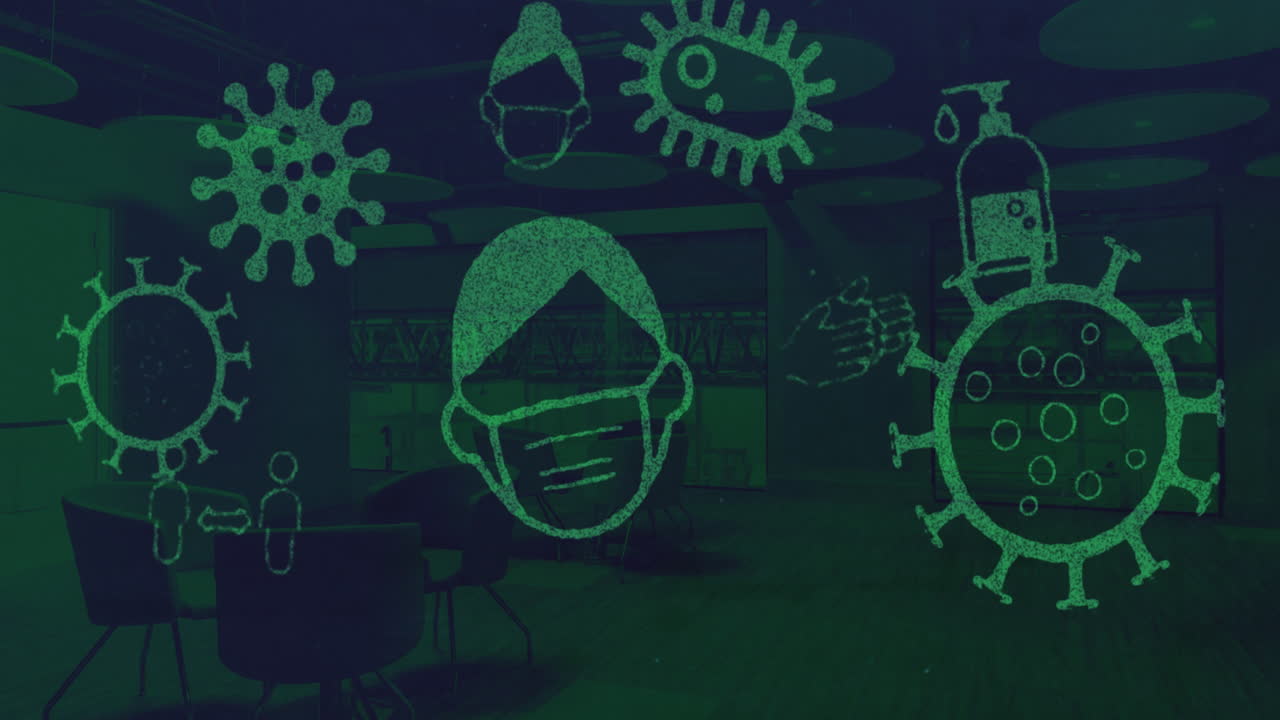 공허한 사무실 식당에 대항하는 코로나 바이러스 컨셉 아이콘