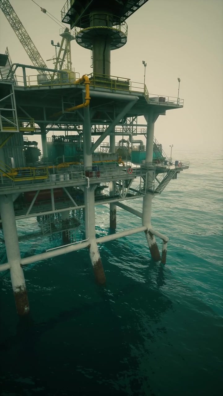 Oil rig stands tall on calm waters during overcast morning