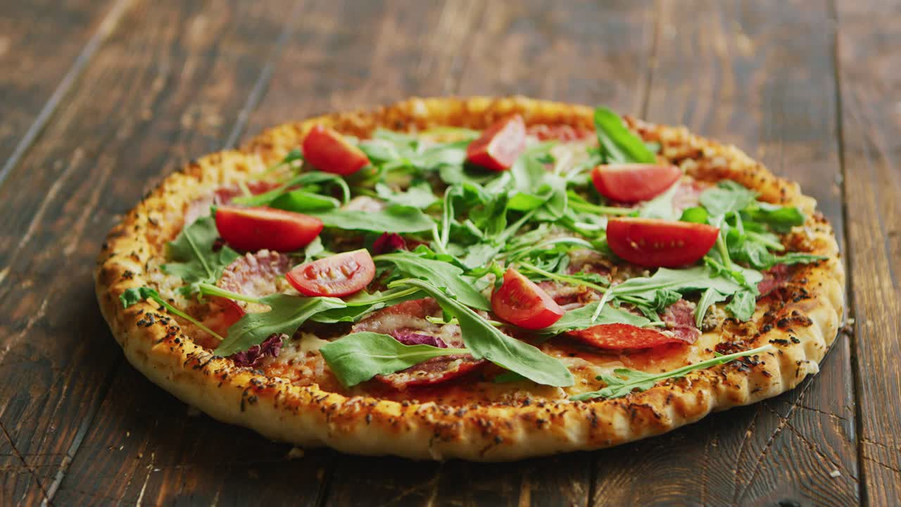 Deliciosa pizza italiana servida em mesa de madeira