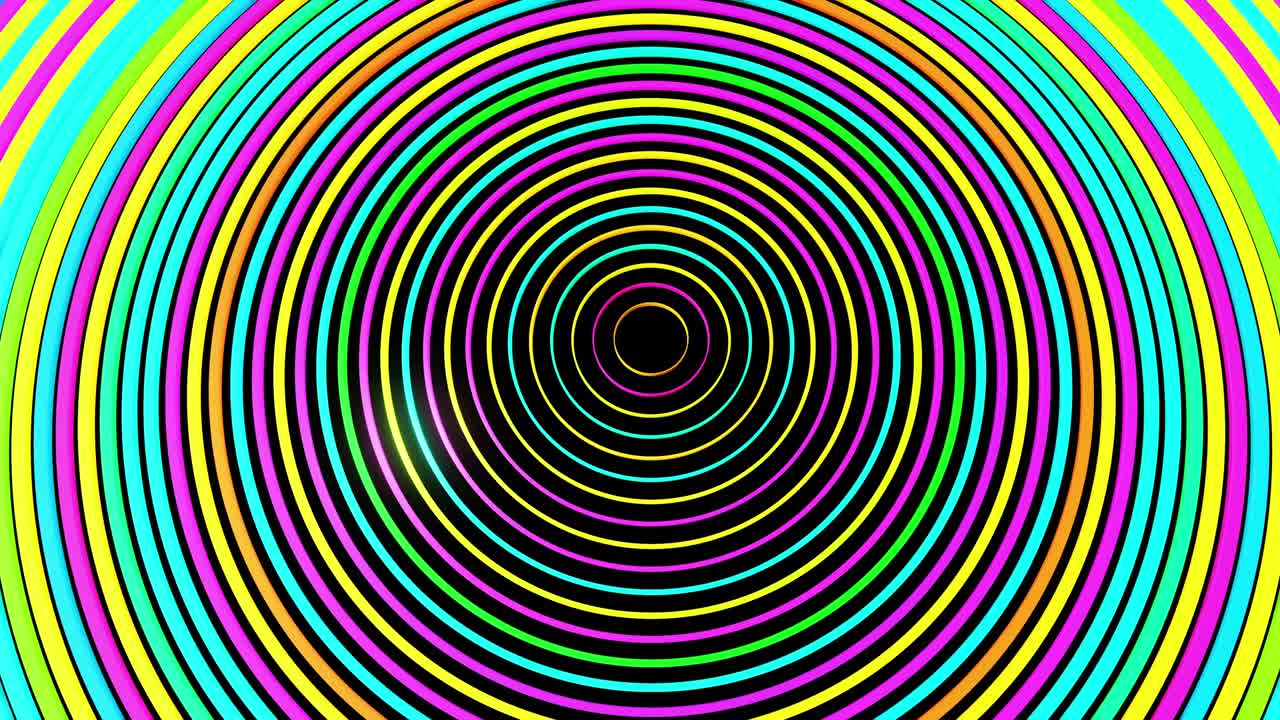 abstract geometric looped bg with rings form complex structure and light effects. Rings flash neon multicolor lights. Neon ring bulbs for show or events, festivals or concerts, vj night clubs.