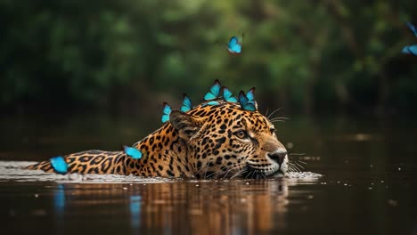 a majestic jaguar glides through serene waters, surrounded by vibrant blue butterflies, creating a captivating scene of nature's harmony and beauty