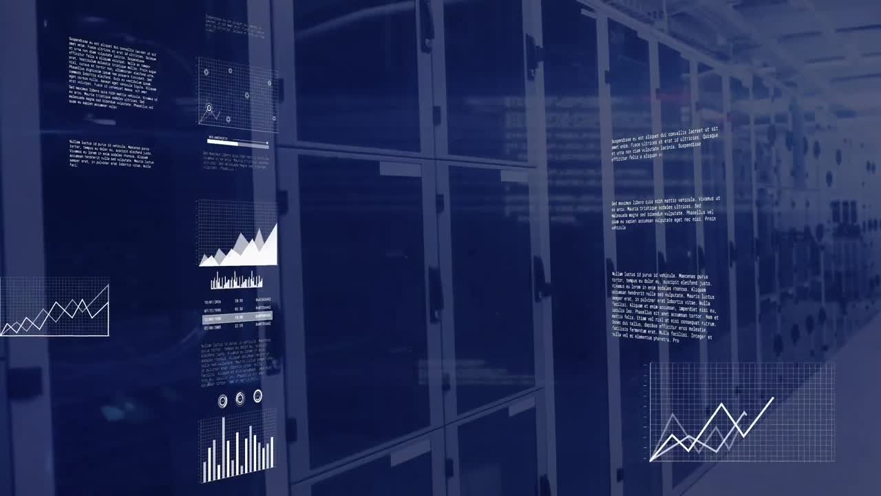 animación del procesamiento de datos estadísticos contra la sala de servidores informáticos