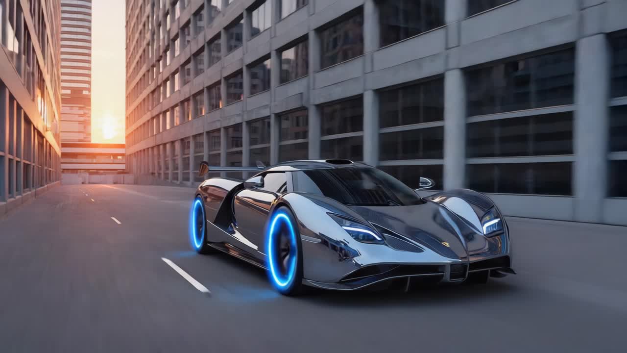 Futuristic Silver Sports Car with Glowing Wheels Driving Through a City at Sunset