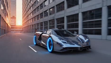 futuristic silver sports car with glowing wheels driving through a city at sunset