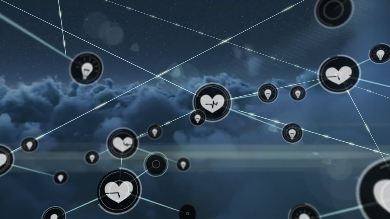 animación de la red de conexiones con iconos sobre nubes