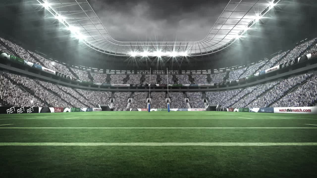 Bright lights shining on empty football stadium under cloudy sky with animation