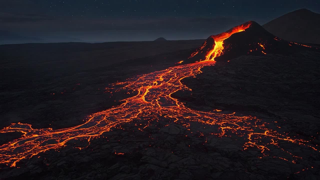 Vista spettacolare di un vulcano in eruzione che riversa lava incandescente lungo i suoi pendii sotto il cielo notturno, creando fiumi luminosi di roccia fusa attraverso il paesaggio