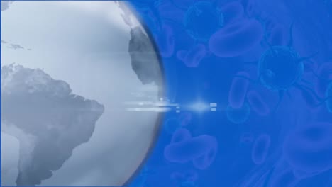 el globo girando contra múltiples células de covid-19 y vasos sanguíneos contra un fondo azul