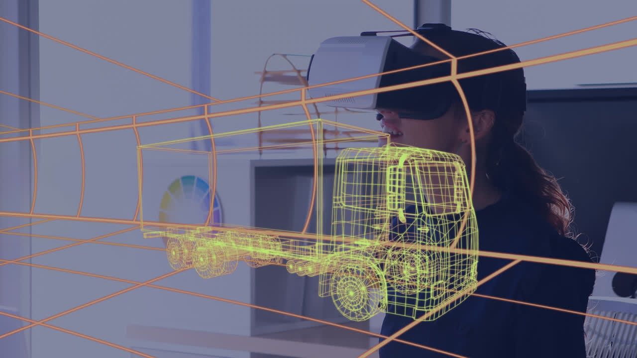 animación de dibujo 3d digital de un coche sobre una mujer usando auriculares vr