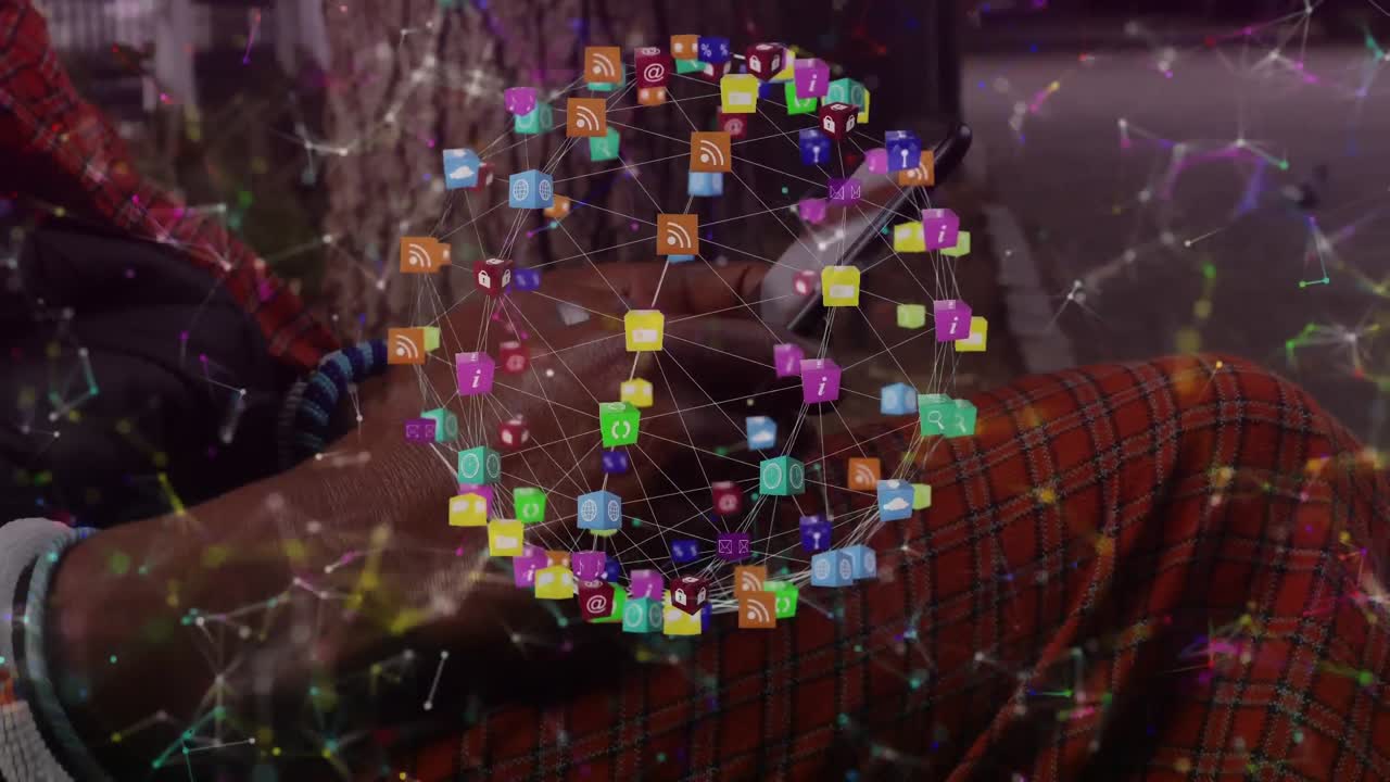 animación de una red de iconos digitales sobre el hombre utilizando un teléfono inteligente