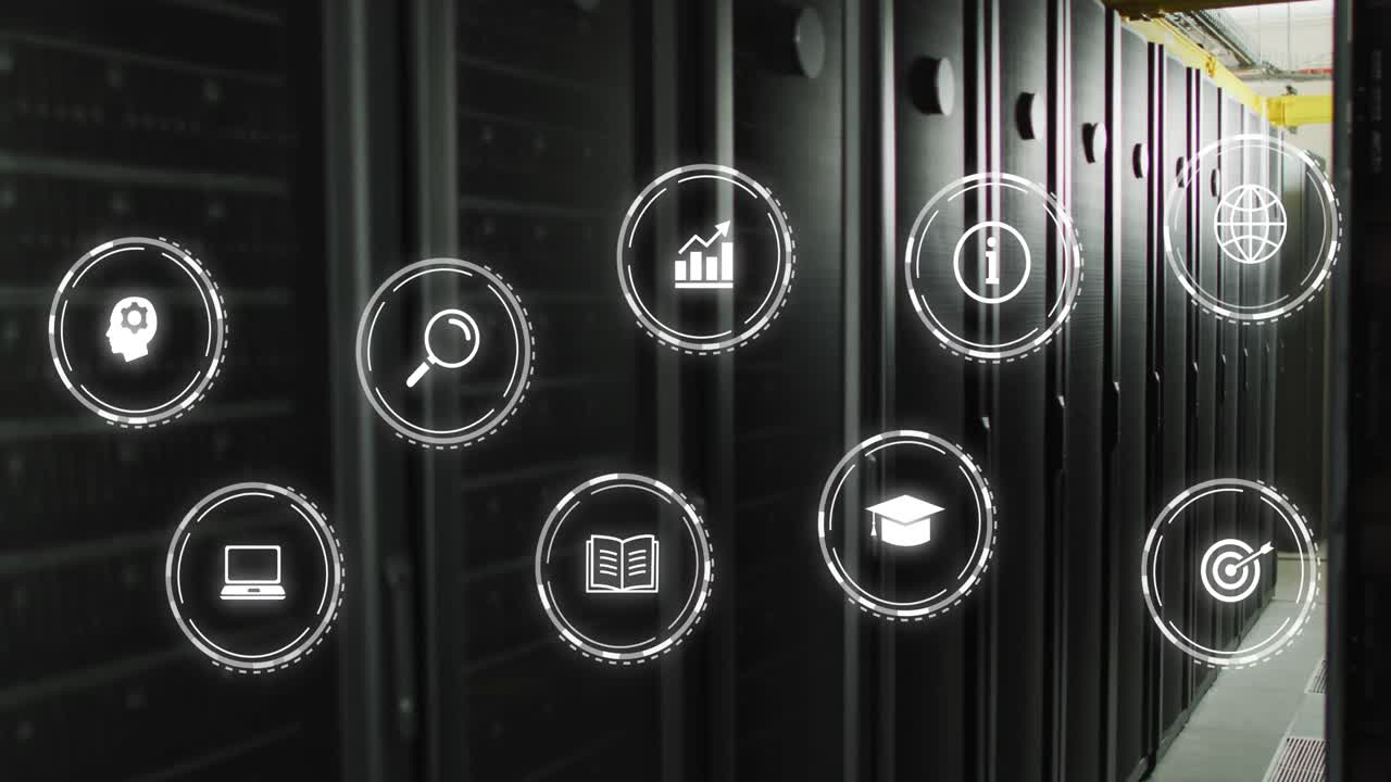 Networks with business, media and education icons processing data over computer server room