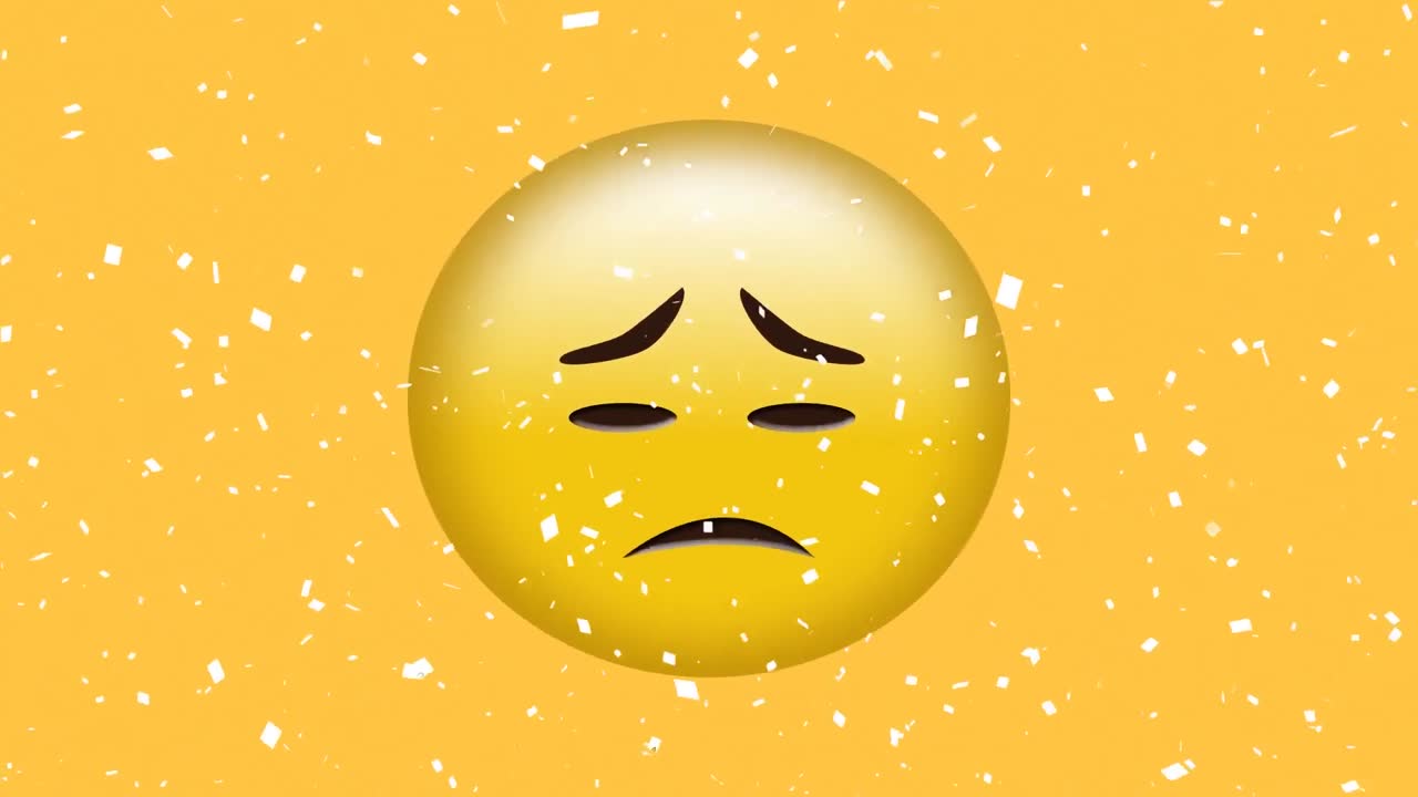 노란색 배경에 슬픈 얼굴 이모지 위에 떨어지는  ⁇  콘페티의 디지털 애니메이션