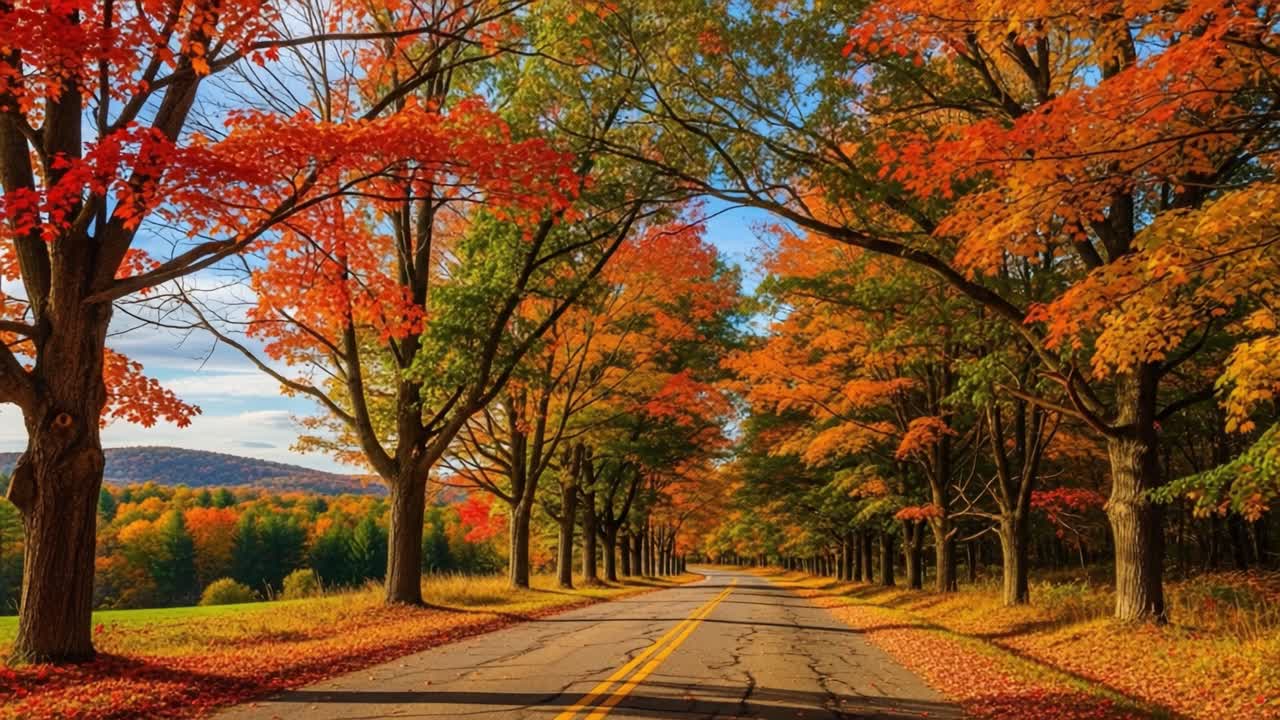 A Scenic Autumn Drive Down a Tree-Lined Road Surrounded by Vibrant Fall Foliage in Shades of Orange, Red, and Yellow Beneath a Clear Blue Sky
