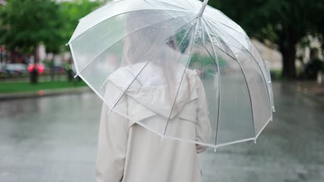 mujer sonriente caminando con un paraguas transparente en un día de lluvia