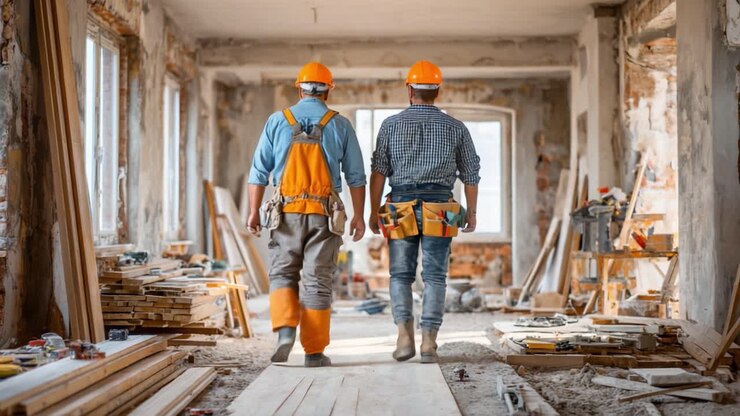 Dos trabajadores de la construcción caminando por un sitio de renovación, destacando la mano de obra y la artesanía en un proyecto de edificación.