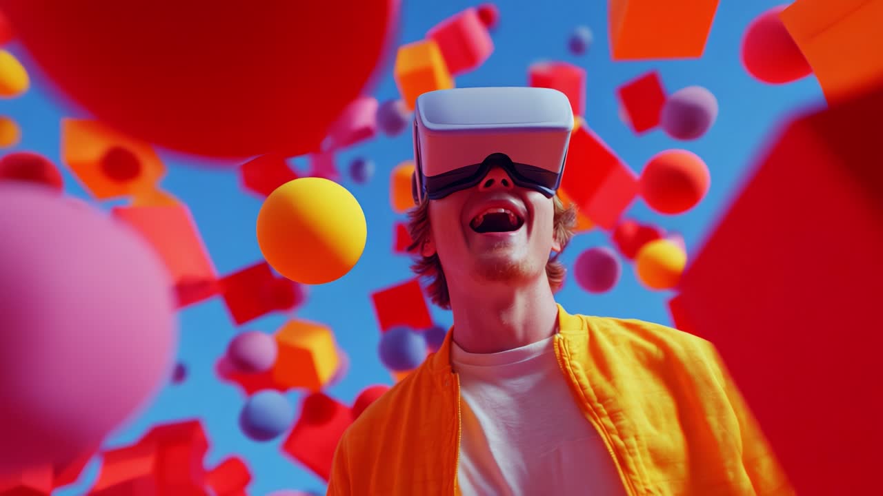 A Joyful Enthusiast Immersed in Virtual Reality: Experiencing a Colorful World of Shapes and Colors with Excitement and Delight, Surrounded by Bright Geometric Objects and Spheres in a Vibrant Atmosphere