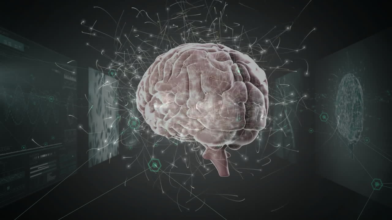 animación de cerebro y red giratorios sobre el adn en pantalla de interfaz y fondo oscuro