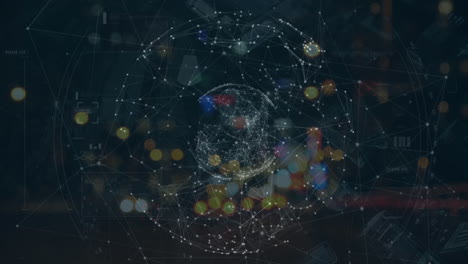 Animation of globe with networks of connections over out of focus city lights