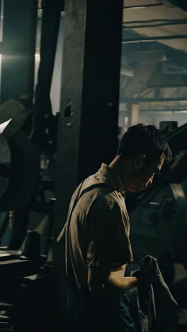 factory worker in a dark industrial setting