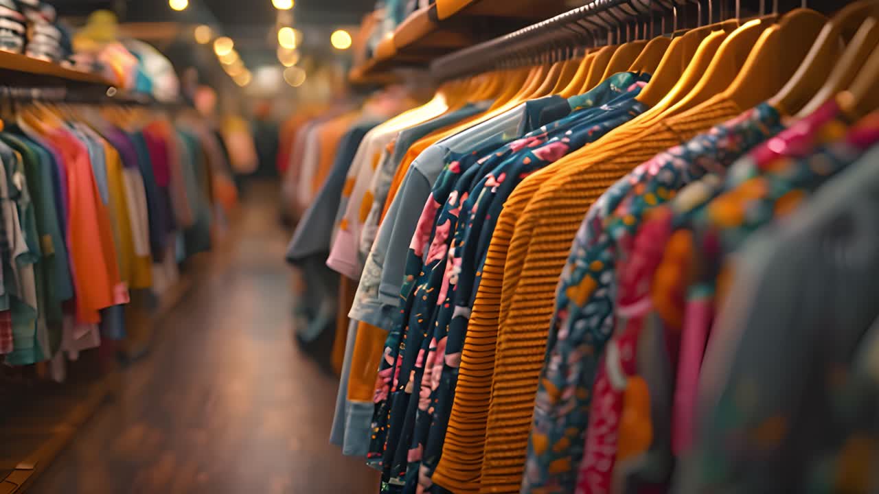 A rack of colorful clothes on hangers in a retail store