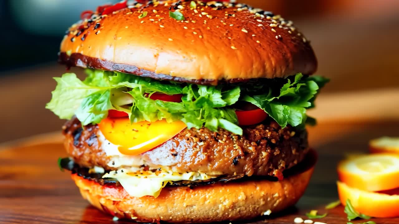 una hamburguesa con lechuga, tomate y queso en una tabla de cortar de madera