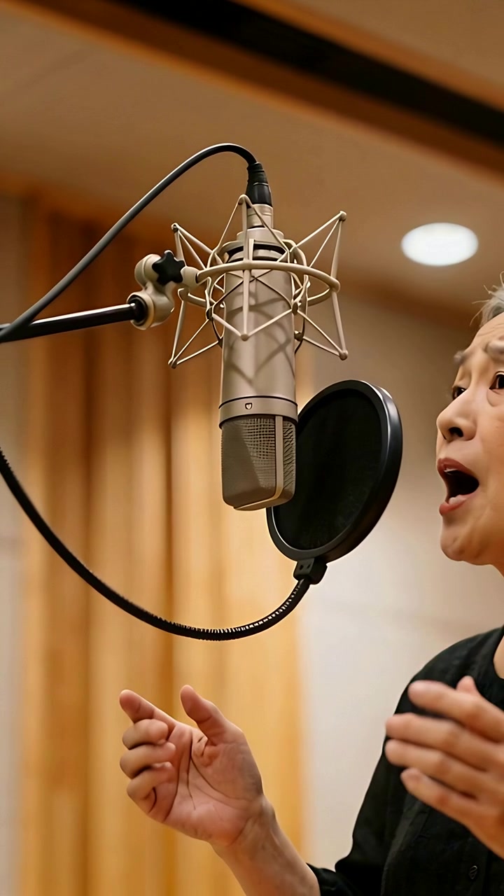 Video verticale: Cantante asiatica che entra e canta al microfono per una registrazione in studio, top scuro, spazio per il testo