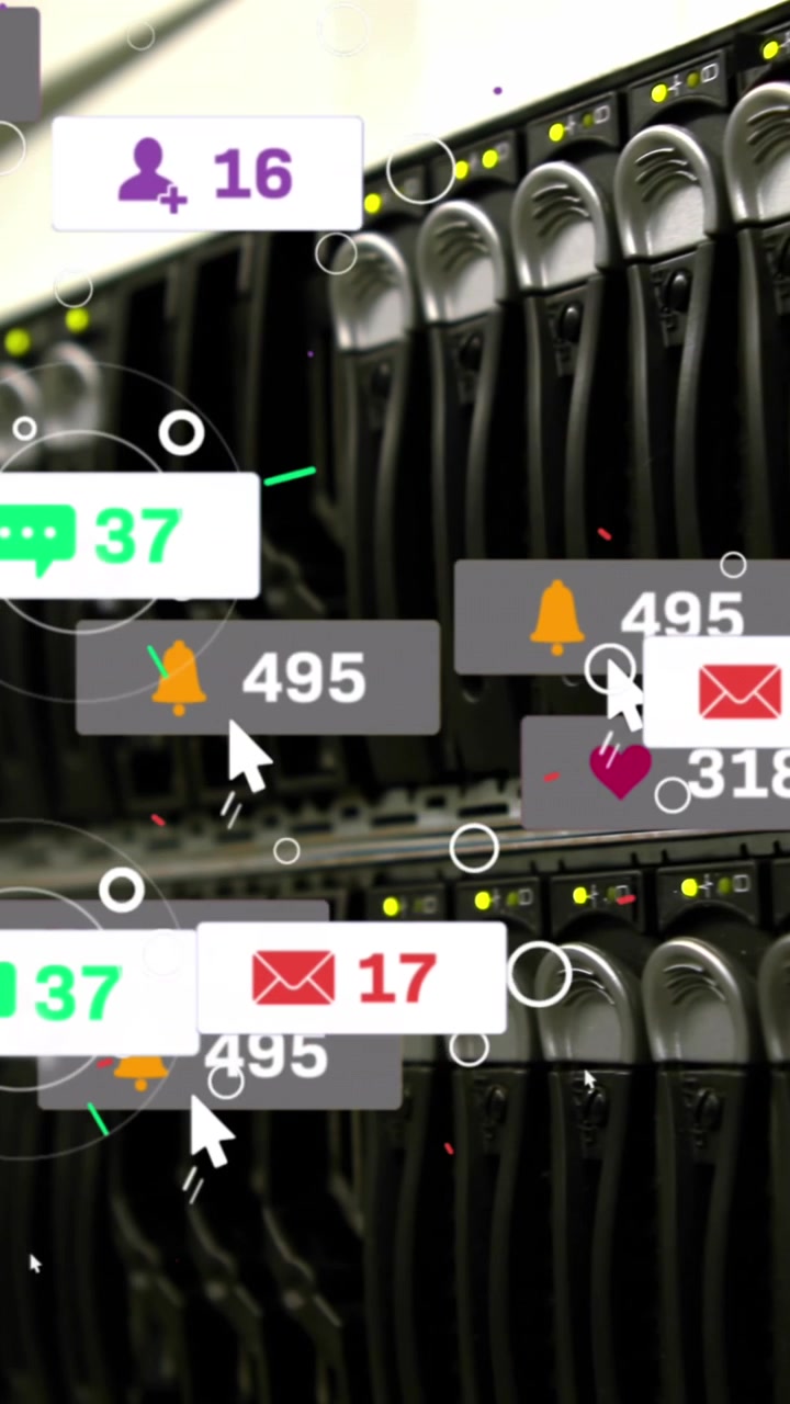 Animation of multiple social media icons against close up of a computer server