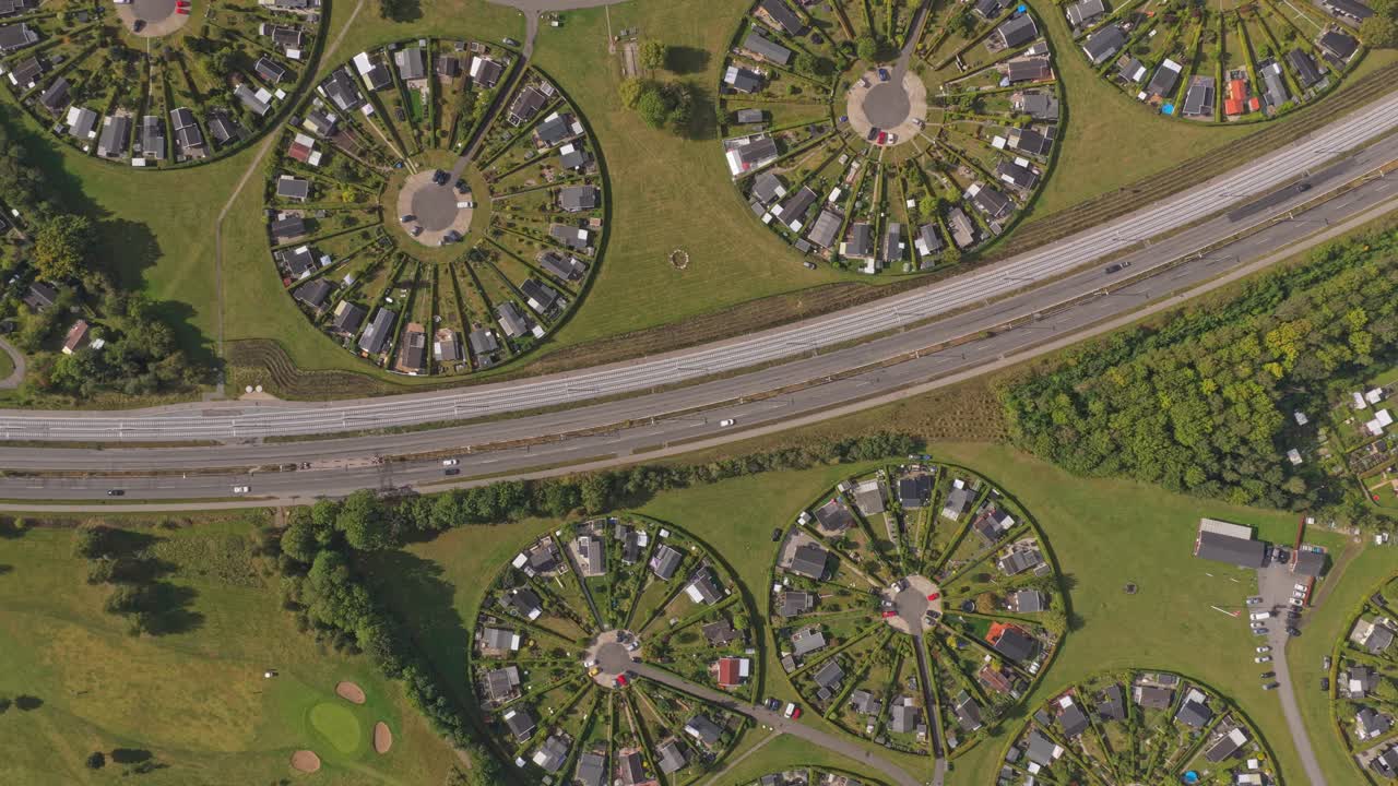 Drone capture: concentric villages of Brondby Haveby, Denmark, verdant