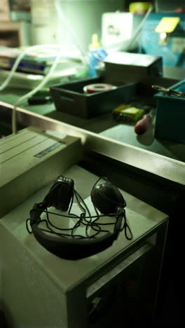 headphones on a desk in a work area