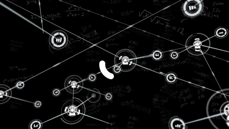 Animation of network of connections with data processing and mathematical equations