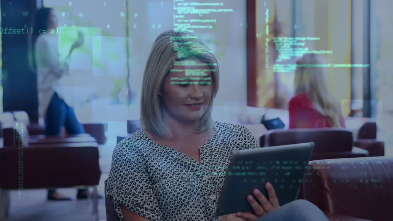 Animation of data processing over caucasian woman using tablet in casual office