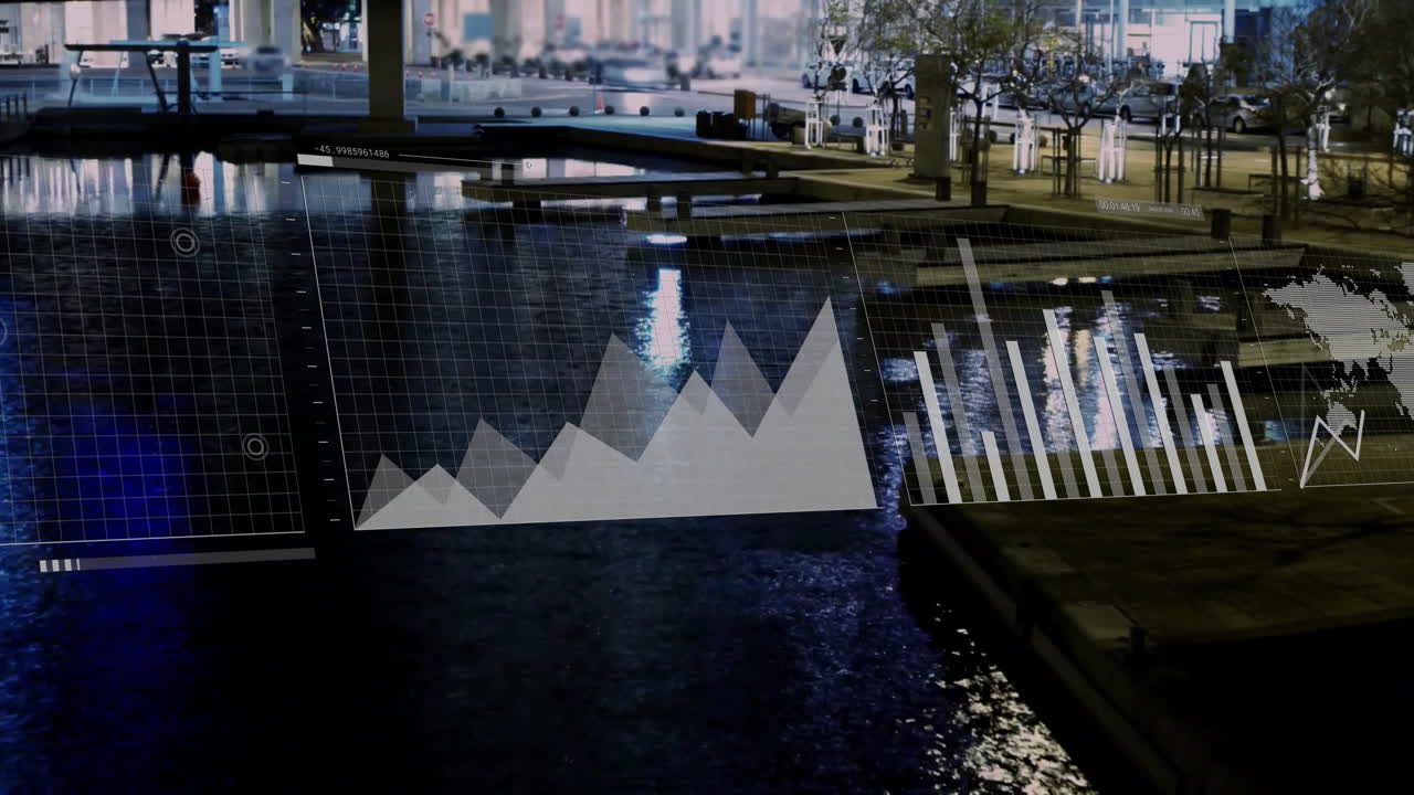 거리와 도시 풍경에 있는 자동차에 대한 데이터 처리의 애니메이션