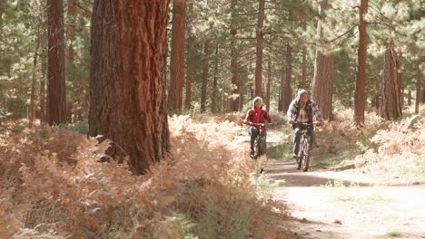 Pareja-Negra-Mayor-En-Bicicleta-Hacia-La-Cámara-En-Un-Sendero-Forestal