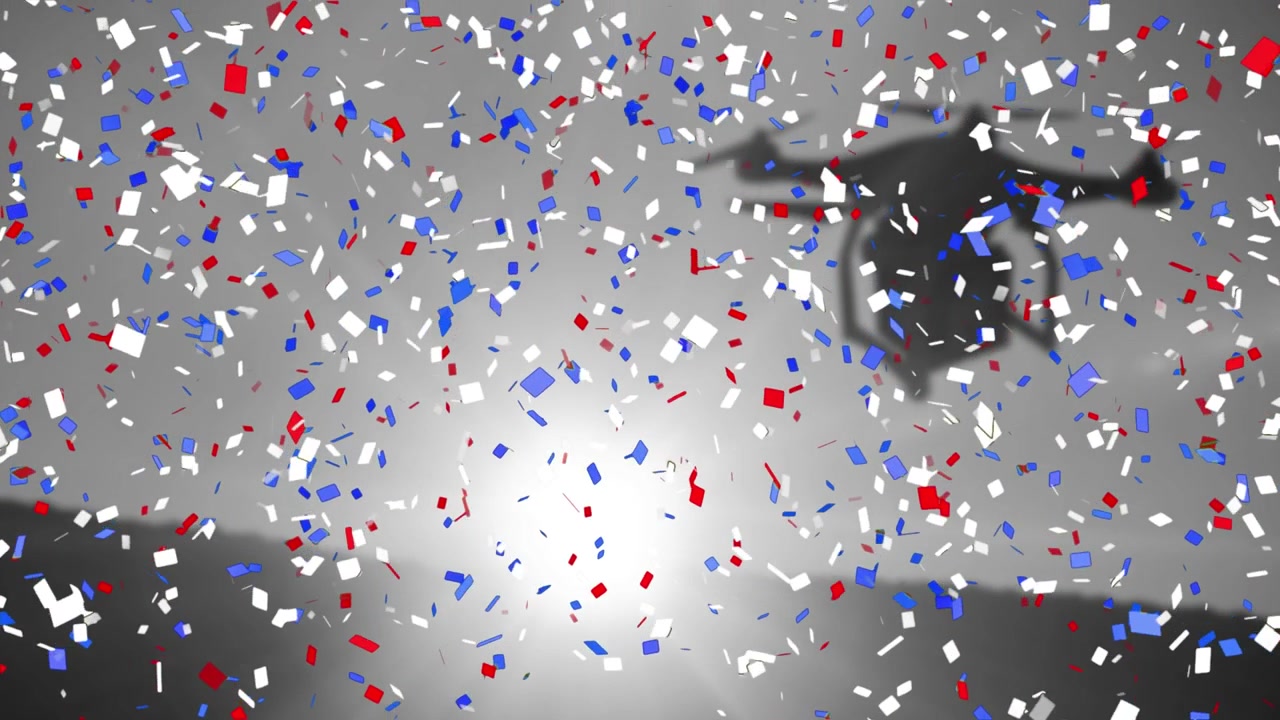 Animation of american red, white and blue confetti falling over black and white sky and drone